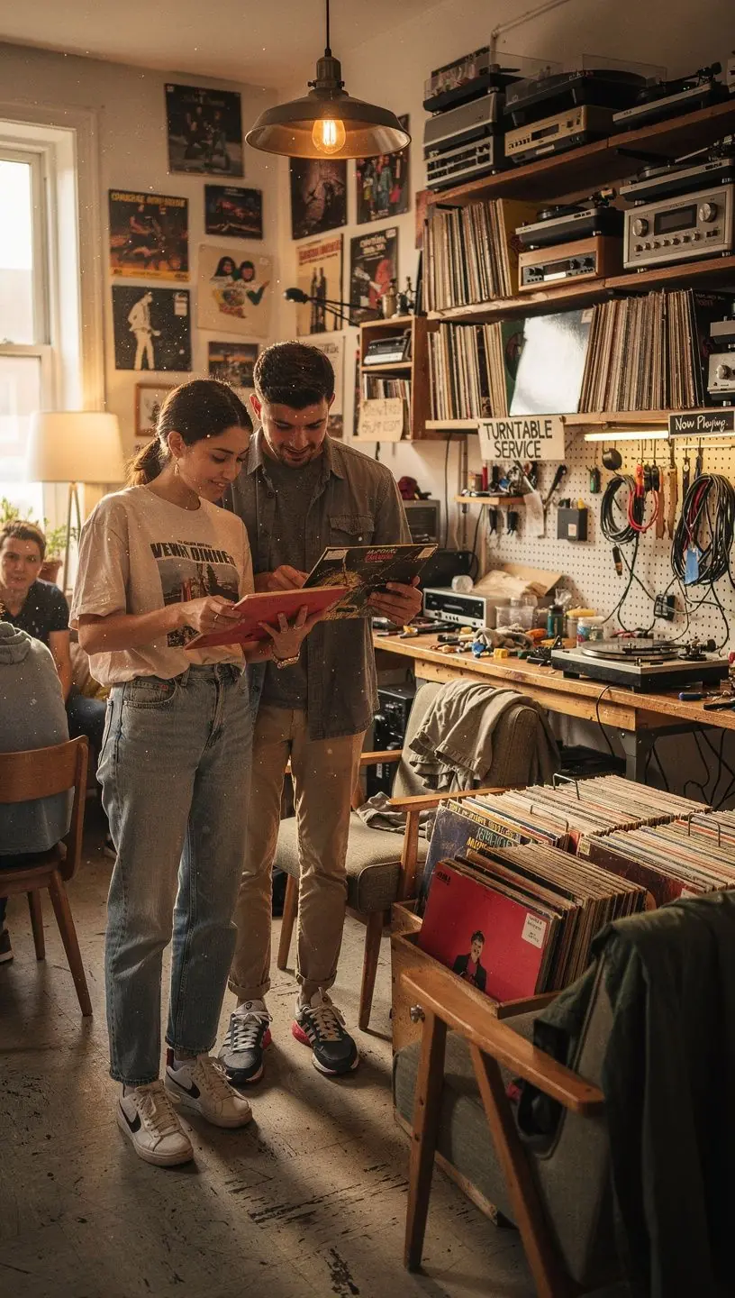 Turntable calibration tools and vinyl records in workshop