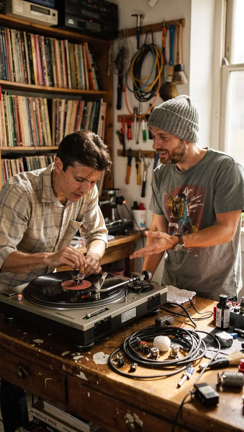 Close-up of turntable components showing wear and tear.